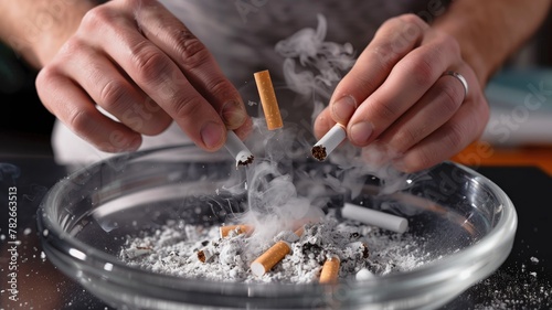 Person extinguishes cigarettes in ashtray, smoke rises photo