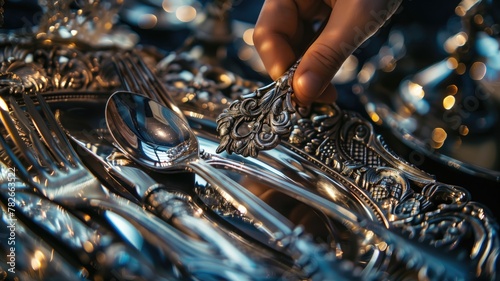 Close-up of hand selecting ornate silver spoon from collection elegant flatware with intricate designs photo