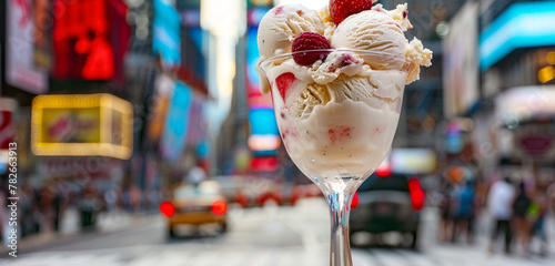 Delight in the contrast of flavors and scenery as you enjoy an ice cream cocktail against the backdrop of a busy city street  where the creamy sweetness offers a moment of tranquility amidst the urban