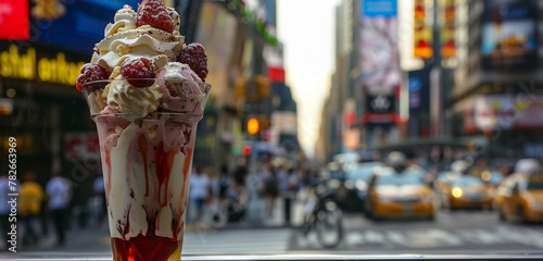 Delight in the contrast of flavors and scenery as you enjoy an ice cream cocktail against the backdrop of a busy city street, where the creamy sweetness offers a moment of tranquility amidst the urban