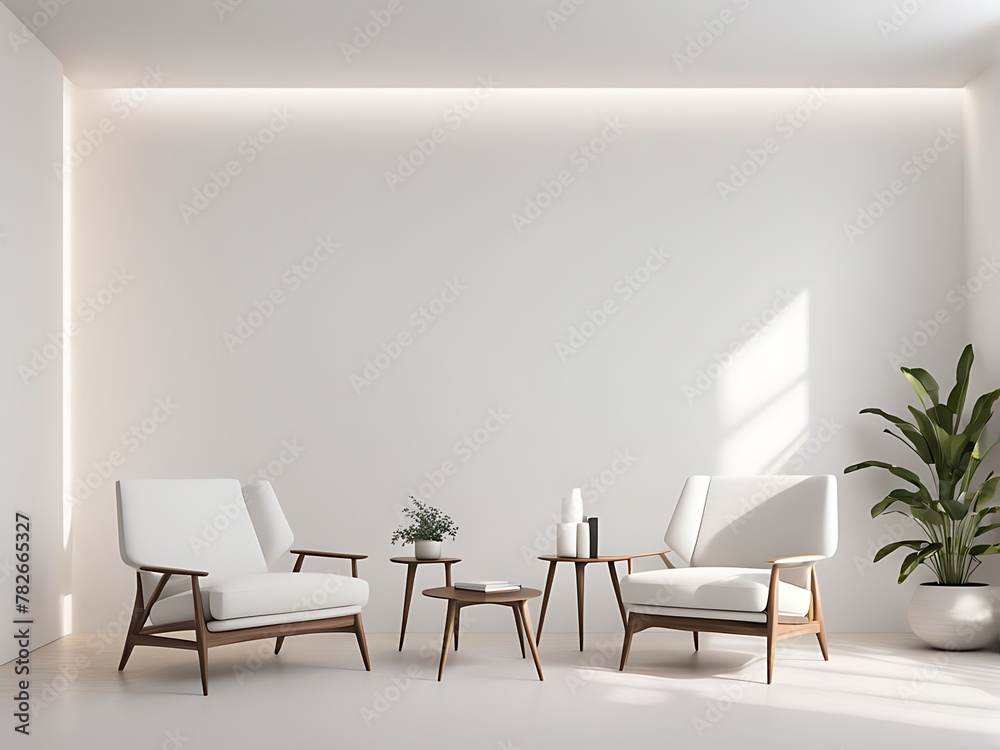 Fototapeta premium Modern minimal interior with two armchair on empty white color wall background with copy space
