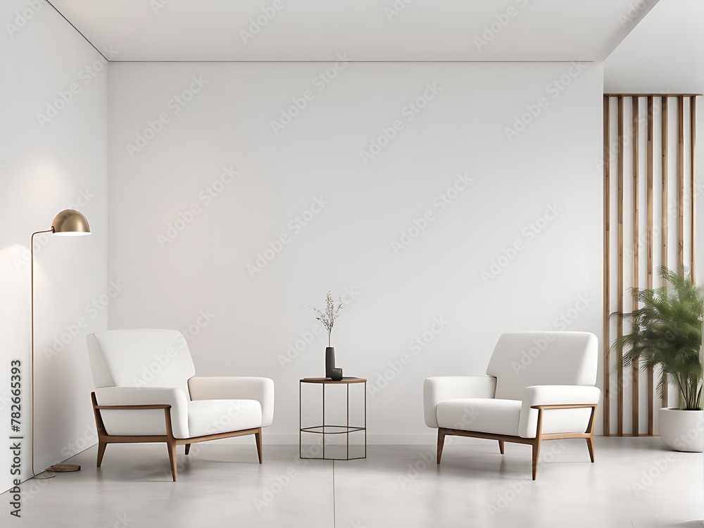  Modern minimal interior with two armchair on empty white color wall background  with copy space