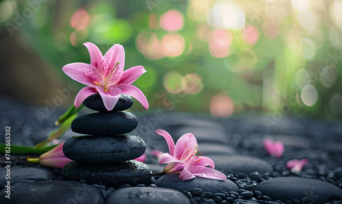 Spa still life with zen stones and flowers, yoga meditation concept illustration background