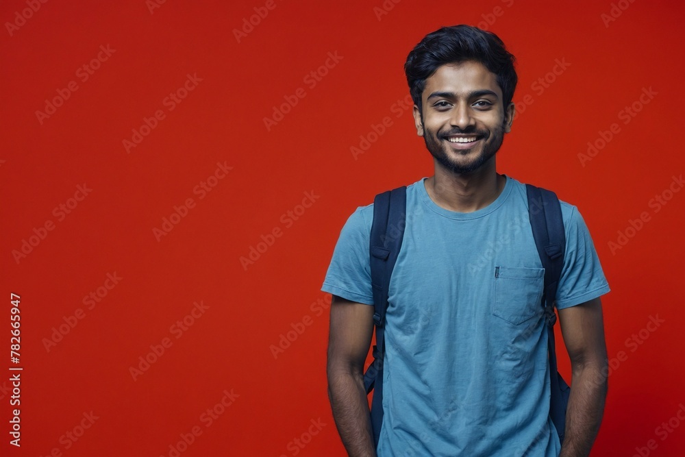 Indian male individual with smile on face next to empty space on red background. Young handsome student wearing t-shirt and jeans, wearing a backpack.