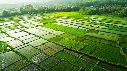 Aerial view of rice fields in the morning, with clear and bright green