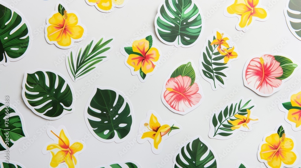 Blank mockup of tropical themed stickers. . Blank mockup of tropical themed stickers. .