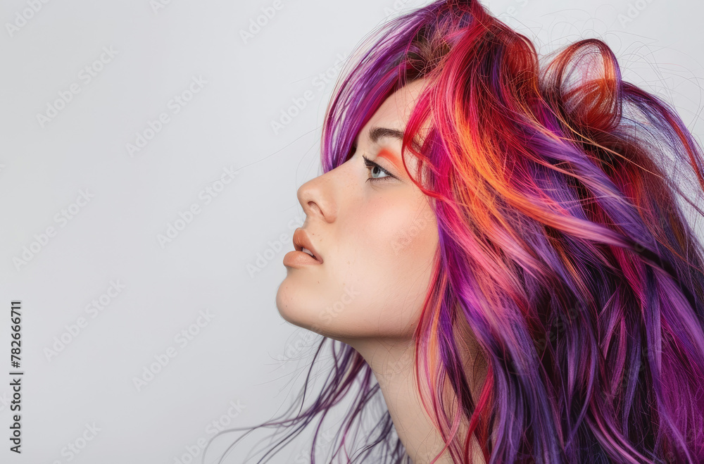 A beautiful woman with colorful hair posing for a professional photo shoot in studio lighting