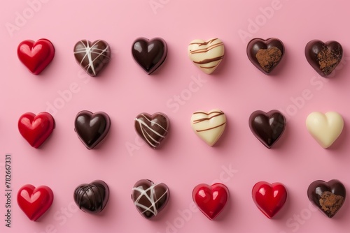 Assorted heart-shaped chocolates on a pink background.