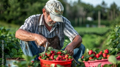 A lone farmer in the field manually harvesting strawberries with skill and precision. The tools and containers surrounding them tell the story of tireless labor and a careful eye for . photo