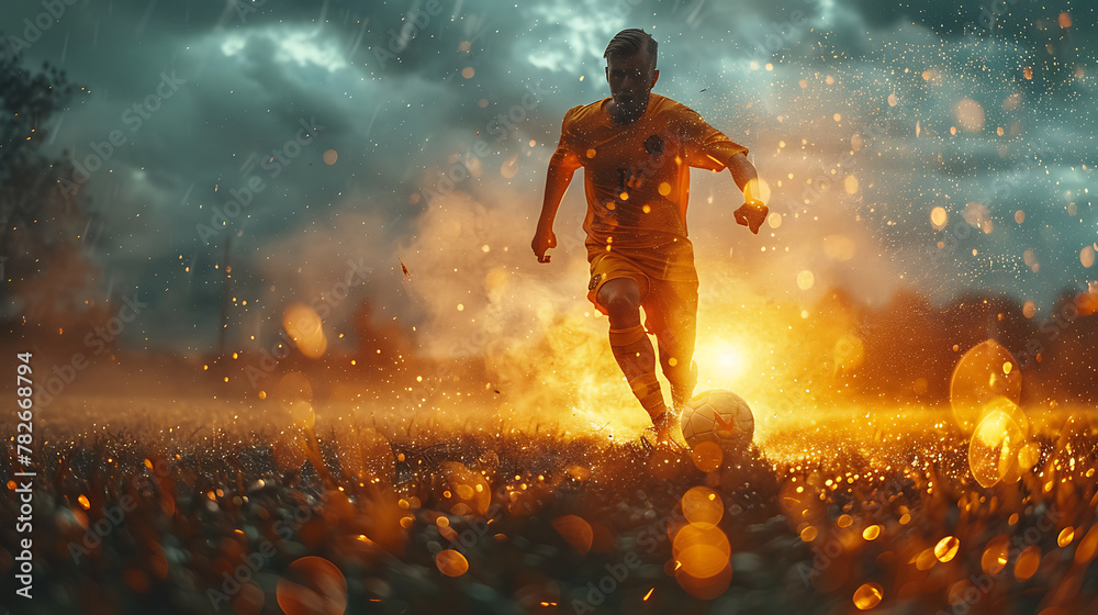 Naklejka premium football or soccer player running fast and kicking a ball while training at dramatic stadium shot. Generative Ai