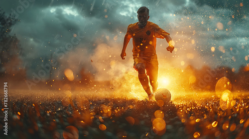 football or soccer player running fast and kicking a ball while training at dramatic stadium shot. Generative Ai photo