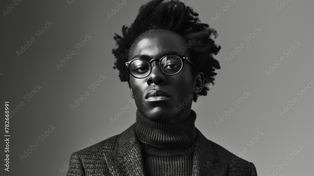 A black man his hair styled in a traditional afro wears a sharp tweed blazer over a turtleneck sweater paired with thickrimmed glasses.