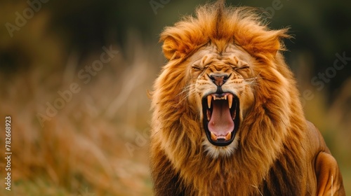 color photo of a fearsome roaring lion, its golden coat and fiery eyes radiating an aura of primal aggression, a scene that epitomizes the raw beauty and inherent danger of the animal kingdom © UMAR SALAM