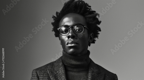 A black man his hair styled in a traditional afro wears a sharp tweed blazer over a turtleneck sweater paired with thickrimmed glasses. photo