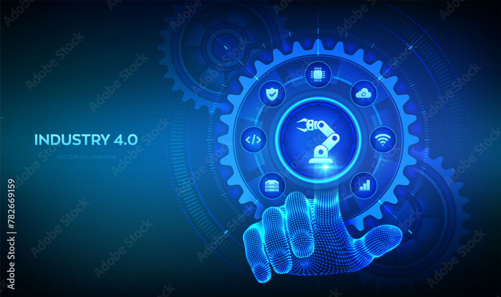 Smart Industry 4.0 concept. Factory automation. Autonomous industrial technology. Industrial revolutions steps. Wireframe hand touching digital interface with connected gears cogs and icons. Vector.