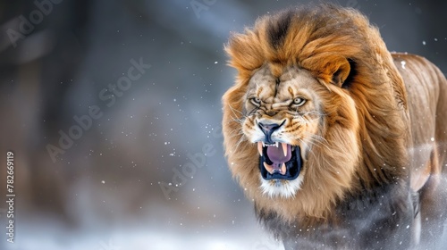 a ferocious roaring lion  its mane standing on end as it asserts its dominance  a scene that embodies the untamed power and inherent danger that lies within the heart of the king of beasts