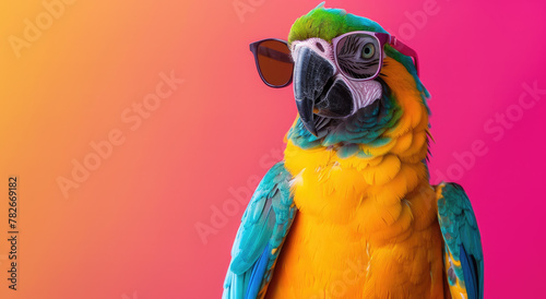 fun parrot wearing trendy neon sunglasses, vibrant colors, background is solid color, high resolution