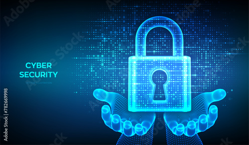 Lock. Cyber security. Padlock with keyhole icon made with binary code in wireframe hands. Protect and Security or Safe concept. Information privacy. Digital code background with digits 1.0. Vector.