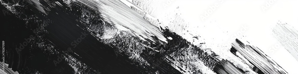 Streaks of black paint overlay a textured white canvas, creating a dynamic abstract pattern. Banner. Copy space. Background.
