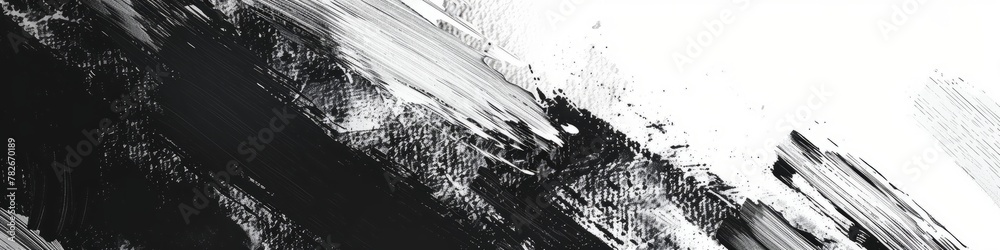 Fototapeta premium Streaks of black paint overlay a textured white canvas, creating a dynamic abstract pattern. Banner. Copy space. Background.