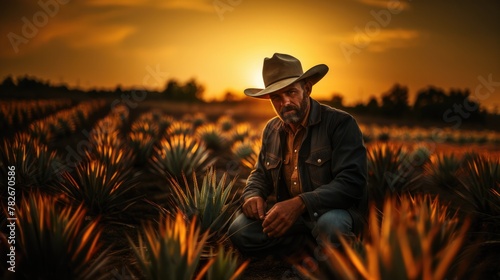 Portrait of farmer in cowboy hat on agave field on sunset photo