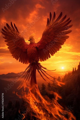 a majestic golden phoenix soaring through the fiery sky, its feathers shimmering with hues of red, orange, and gold, its wingspan outstretched in all its splendor, 