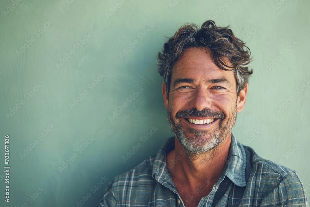 Portrait of handsome middle-aged man smiling at the camera against green wall Portrait of handsome middle-aged man smiling at the camera against green wall