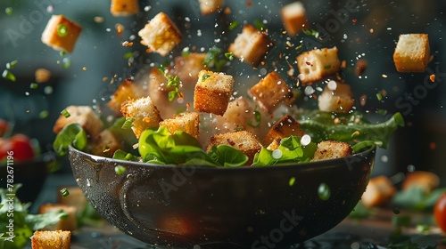 Bowl of Caesar, with croutons taking flight