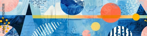 Geometric shapes in shades of cerulean blue, yellow, and pink create an abstract painting that catches the eye. Banner.