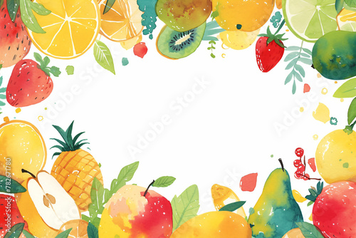 Frame made of watercolor tasty summer fruits on white background. Vegan eco fresh organic food  keto diet. Healthy life concept. Template with copy space for design paper  card  menu