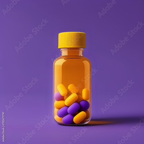 A pill bottle with a yellow and orange pill sits on a purple background - generated by ai