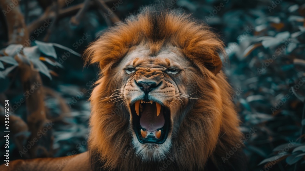 color photo of a powerful roaring lion, its mane bristling and teeth bared, a scene that captures the intensity and predatory prowess of this apex predator, color photo of a powerful roaring lion, its mane bristling and teeth bared, a scene that captures the intensity and predatory prowess of this apex predator,