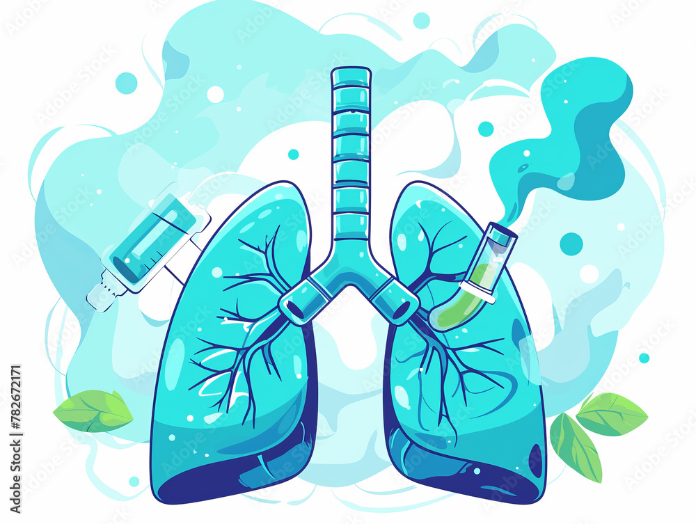 A blue drawing of a lung with a bottle of medicine next to it - obrazy, fototapety, plakaty 