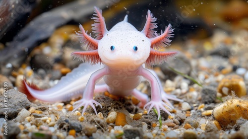 color photo of a rare axolotl, its pale pink skin adorned with delicate fringed gills, its tiny limbs and endearing smile-like expression making it a true embodiment of cuteness