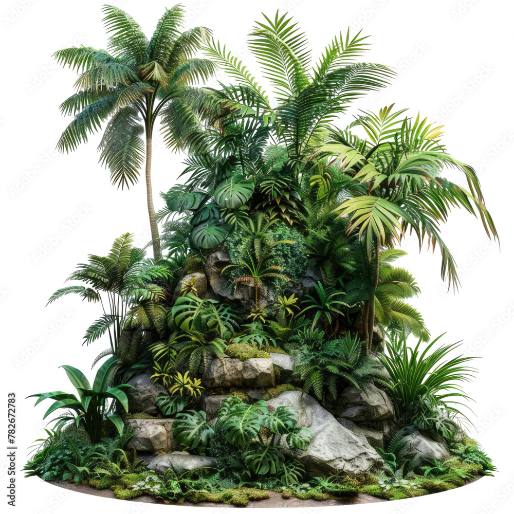 Fototapeta premium Jungle background forest nature scene futuristic isolated background with palm trees and rocks