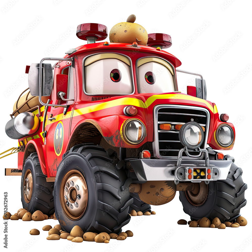 Determined potato controls oversized cartoon fire truck in comical ...