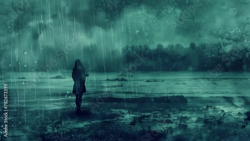 Weathered illustration of melancholy with rain falling on a desolate landscape. Indigo and Green tones. Grunge style illustration