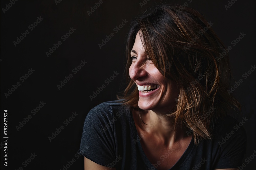 Portrait of a beautiful young woman laughing against a dark background. Portrait of a beautiful young woman laughing against a dark background.