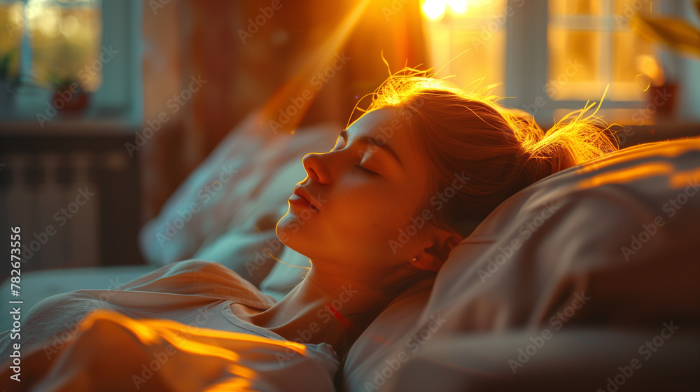 Bask in the sunlight as a young woman reclines peacefully on the sofa, her serene expression bathed in a gentle, warm glow.