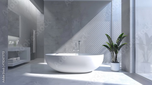 A minimalist bathroom featuring a large freestanding bathtub and a monochromatic color scheme of grey and white. The simplicity of the design is highlighted by the absence of unnecessary .