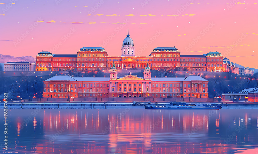 Obraz premium minimalist poster of the grand budapest hotel, white background. Generative Ai