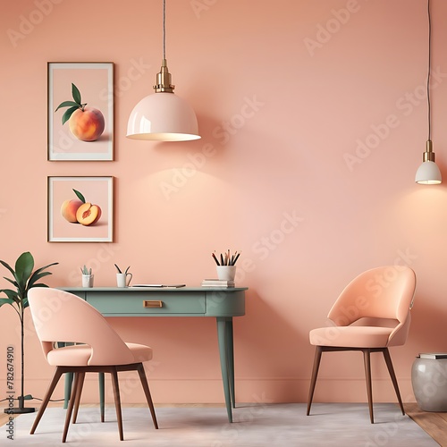 Workplace in Peach Fuzz color trend. Painted walls and rich furniture - chairs and table with lamp. Pastel painting background. Large home office 