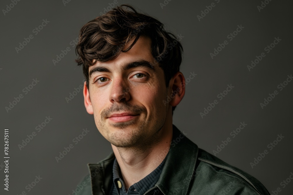 Portrait of a handsome young man in a green jacket on a gray background Portrait of a handsome young man in a green jacket on a gray background