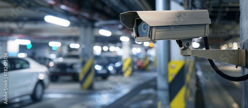 A surveillance camera is mounted on a tall pole inside a dimly lit parking garage, enhancing security and monitoring activities photo