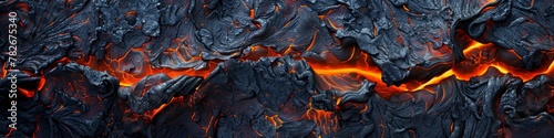Close-up of a fire in the ground with bright orange veins creating a fiery lava texture. Banner. Background.
