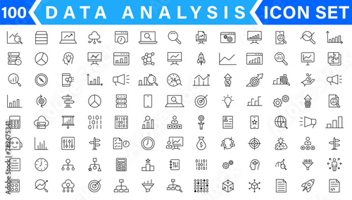 Data analysis thin line icon set. Data processing outline pictograms for website and mobile app GUI. Digital analytics simple UI, UX vector icons