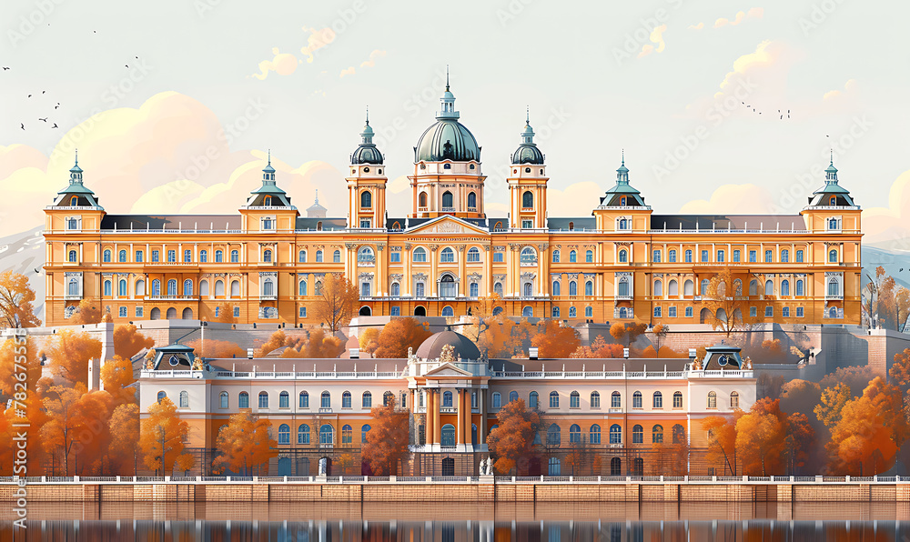 Obraz premium minimalist poster of the grand budapest hotel, white background. Generative Ai