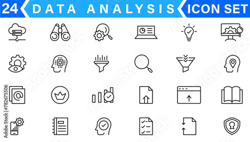 Data analysis line icons set. Analytics, server, mining, data filter, traffic, AI, hosting, monitoring. Statistics and analytics outline icons collection