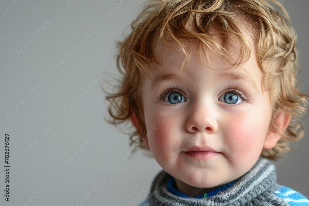 Portrait of a cute little boy with blue eyes on grey background