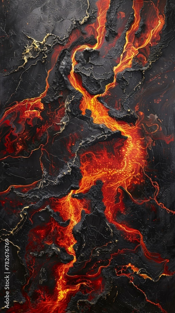 Volcanic lava flows, dynamic earth, fiery reds and blacks Volcanic lava flows, dynamic earth, fiery reds and blacks